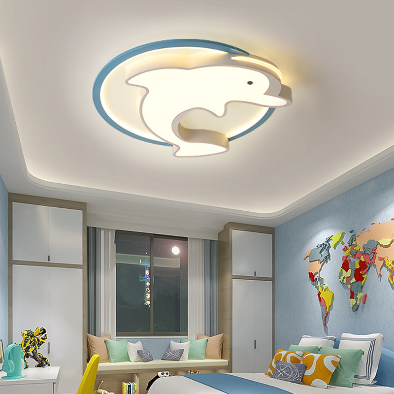 Kids LED Flush Ceiling Light Fixture with Acrylic Shade Blue Dolphin Flush Mount Light in Warm/White Light, 18"/23.5" W