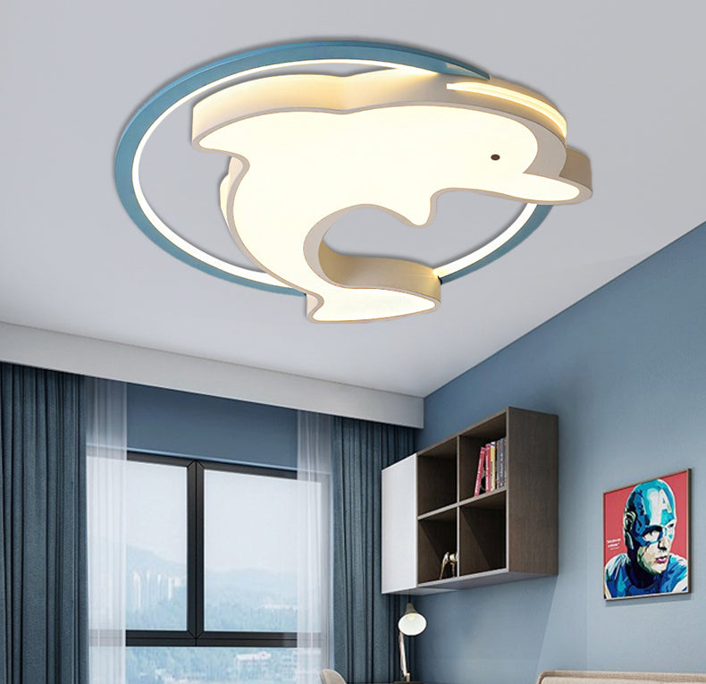 Kids LED Flush Ceiling Light Fixture with Acrylic Shade Blue Dolphin Flush Mount Light in Warm/White Light, 18"/23.5" W