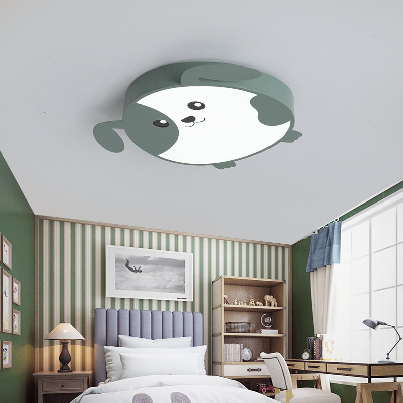 Kids Dog Shaped Flush Ceiling Light Metal LED Bedroom Pink/Green Close to Ceiling Light in Warm/White Light