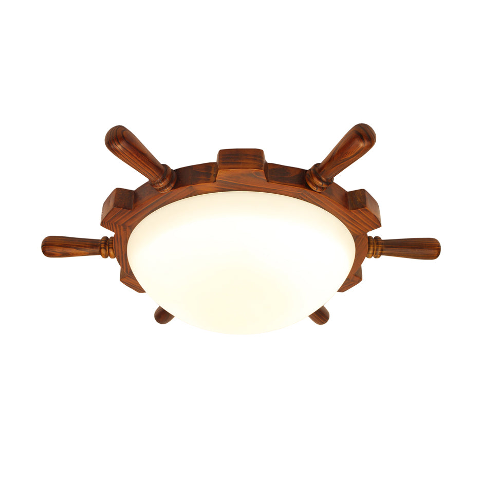 Wood Rudder Flush Light Modern LED Brown Flush Mount Lamp with Frosted Glass Bowl Shade, Warm/White Light