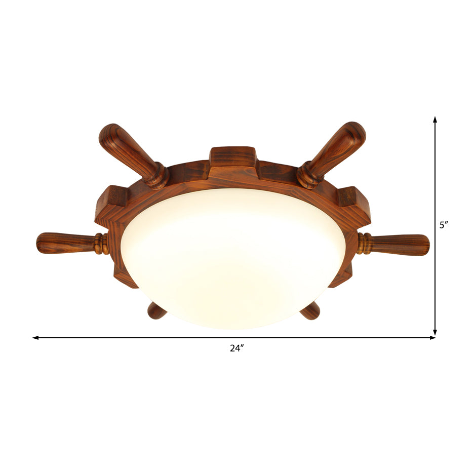 Wood Rudder Flush Light Modern LED Brown Flush Mount Lamp with Frosted Glass Bowl Shade, Warm/White Light