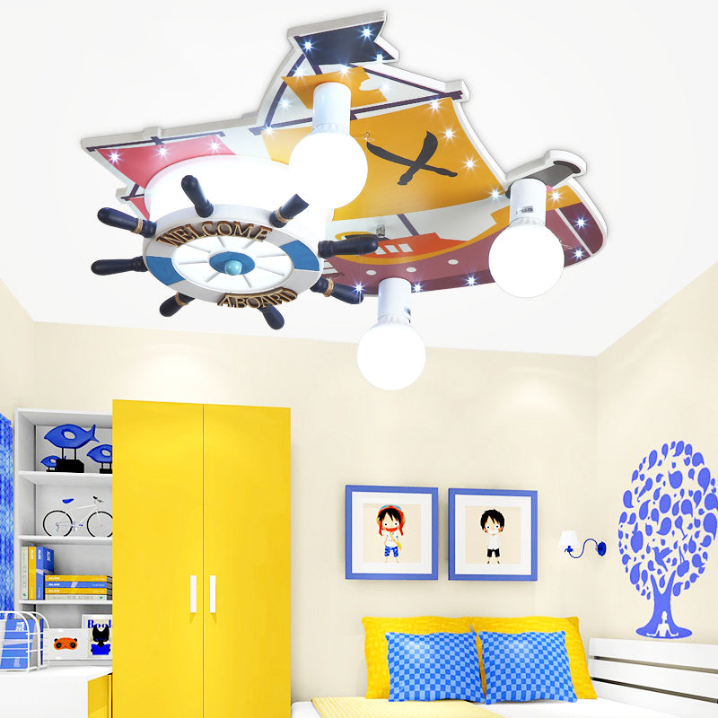 Cartoon Rudder Ontwerp Plafond Flush Mount Houten 3 Licht Slaapkamer Flush hanger Licht in Geel