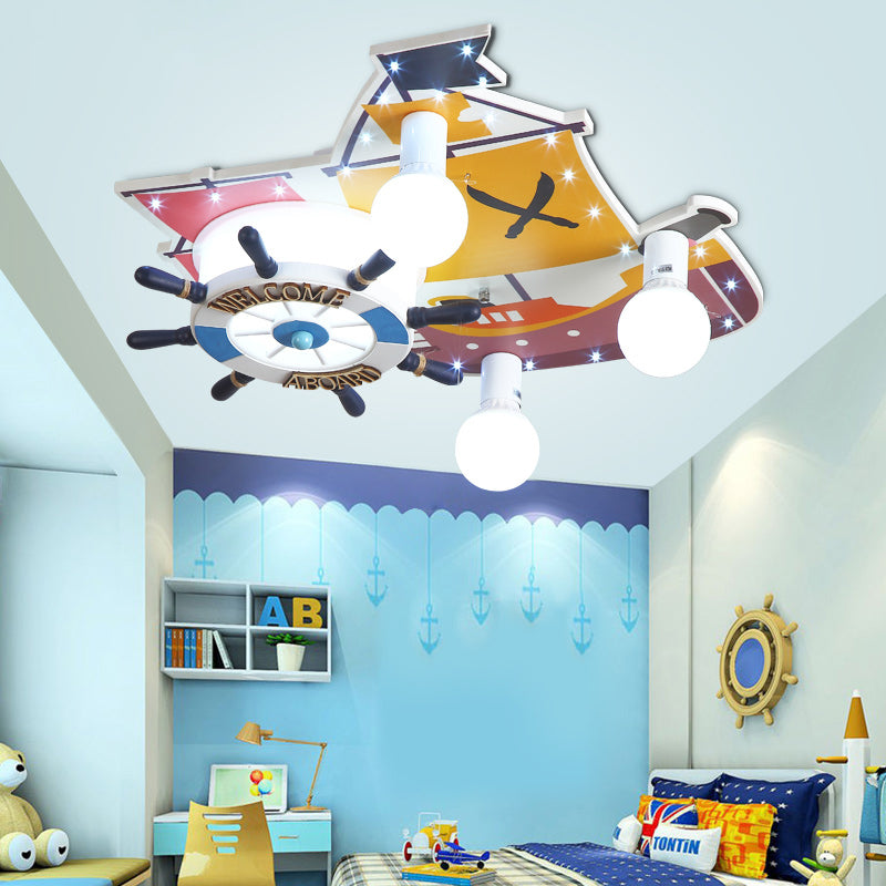 Cartoon Rudder Design Ceiling Flush Mount Wooden 3 Lights Bedroom Flush Pendentif Light in Yellow