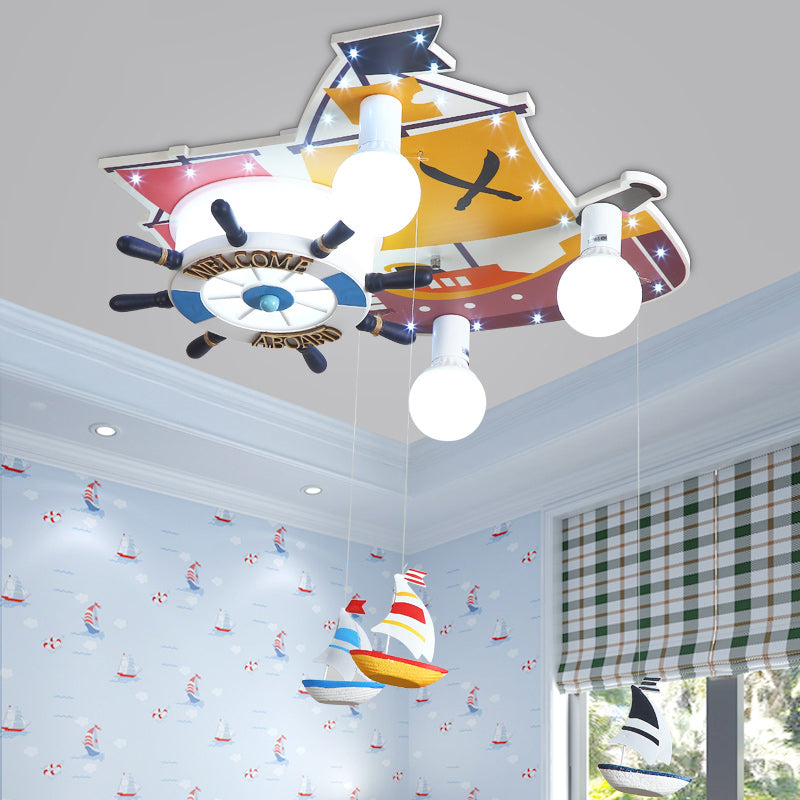 Cartoon Rudder Design Ceiling Flush Mount Wooden 3 Lights Bedroom Flush Pendentif Light in Yellow