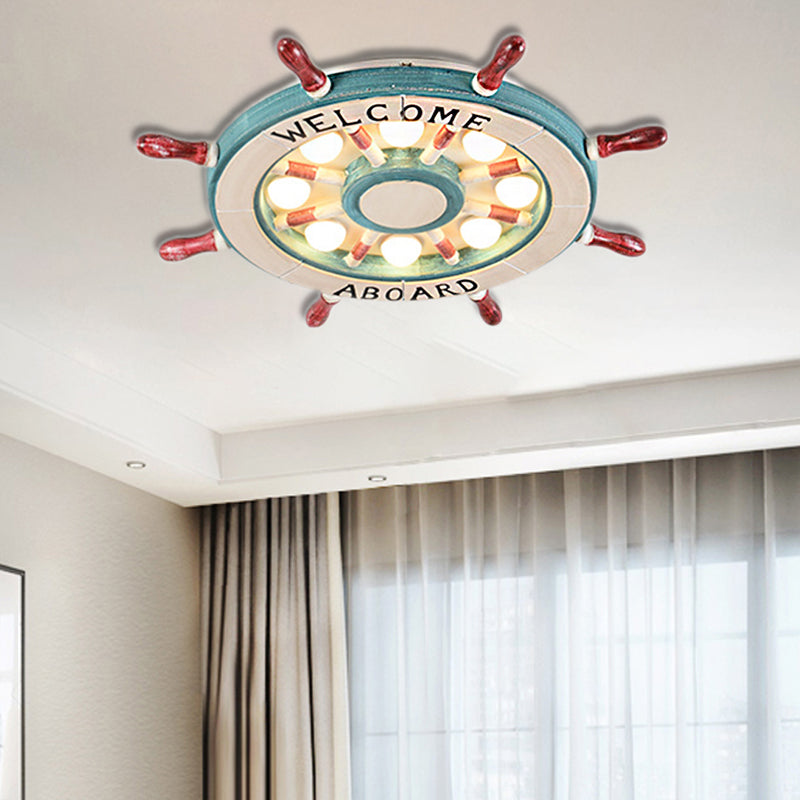 Rudder nautique Shade Flushmount Éclairage Bois 8 Lumières Enfants Room Green / Red Ceiling Lamp, Warm / White Light