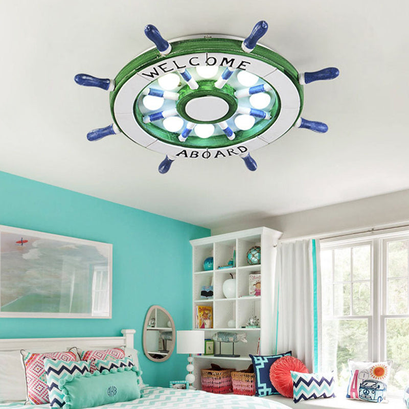 Rudder nautique Shade Flushmount Éclairage Bois 8 Lumières Enfants Room Green / Red Ceiling Lamp, Warm / White Light