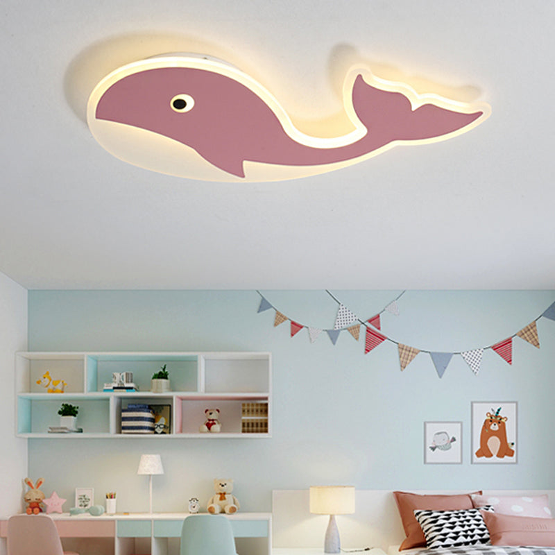 Acrylic Whale Flush Mount Lighting Cartoon Style LED Blue/Pink Ceiling Mount Light in Warm/White Light for Bedroom