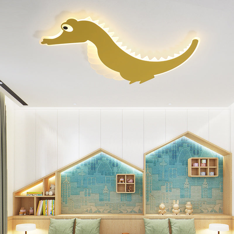 Sea Horse Flush Ceiling Light Cartoon Stylish Acrylic LED Orange/Green Ceiling Mount Lamp, Warm/White Light