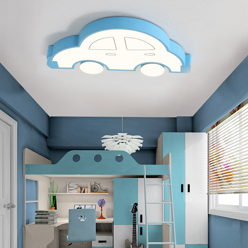 LED Indoor Flushmount Light with Car Acrylic Shade Cartoon Stylish Blue/Pink Ceiling Lamp in Warm/White Light