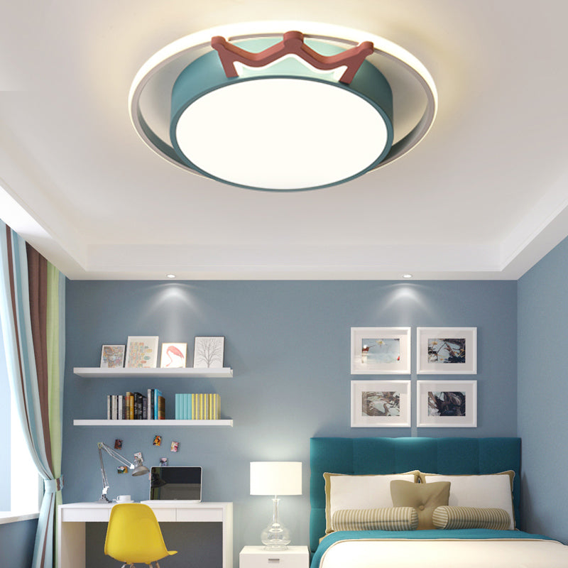 Cartoon Style Round Flush Mount Light Acrylic LED Indoor Blue/Pink Ceiling Light Fixture with Crown Deco in Warm/White Light