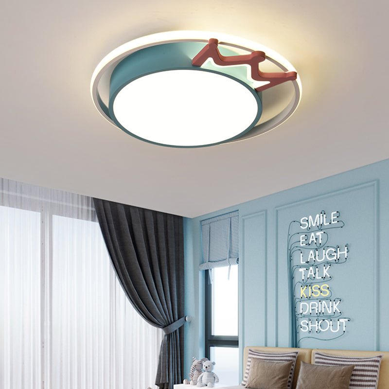 Cartoon Style Round Flush Mount Light Acrylic LED Indoor Blue/Pink Ceiling Light Fixture with Crown Deco in Warm/White Light