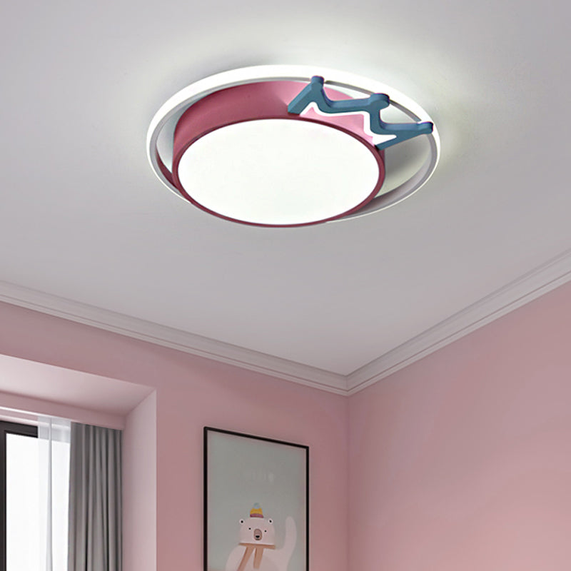 Cartoon Style Round Flush Mount Light Acrylic LED Indoor Blue/Pink Ceiling Light Fixture with Crown Deco in Warm/White Light