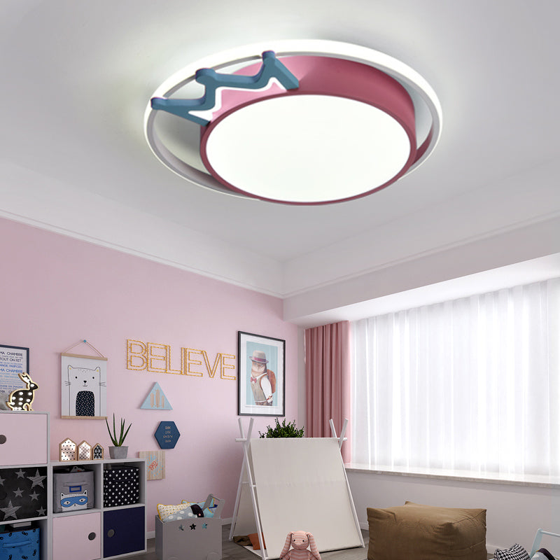 Cartoon Style Round Flush Mount Light Acrylic LED Indoor Blue/Pink Ceiling Light Fixture with Crown Deco in Warm/White Light