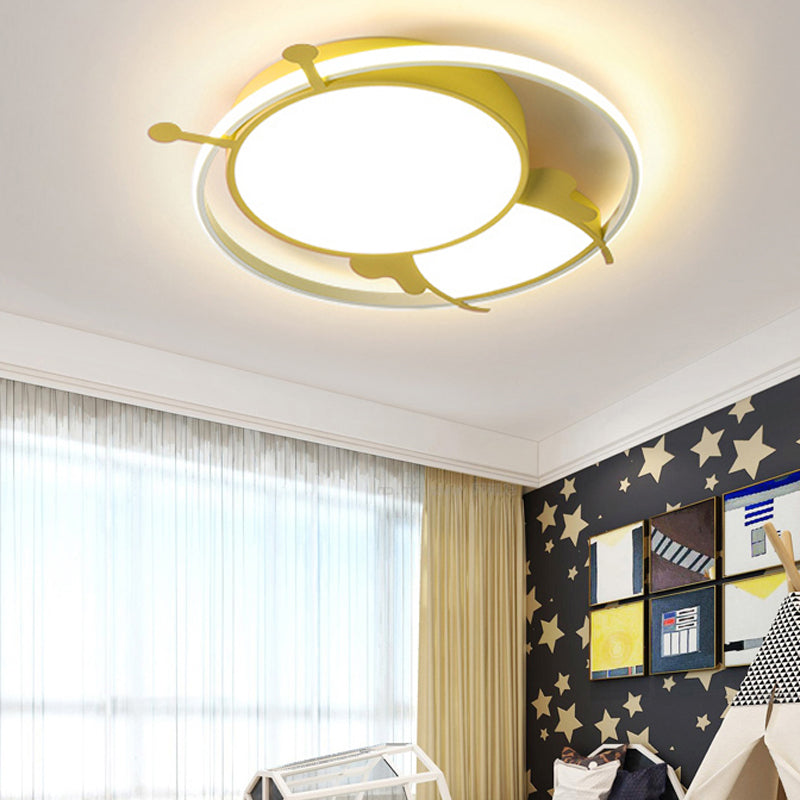 Metallring Flush Mount Lampe Kinder LED Rosa/Gelb Flush Pendant Licht mit Acryl Bee Schatten in Warm/Weißes Licht