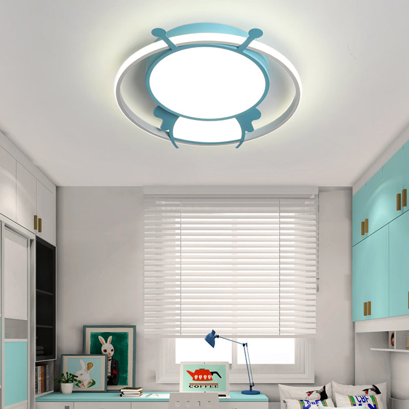 Metalen Ring Flush Mount Lamp Kids LED Roze/Geel Flush Hanger Licht met Acrylic Bee Shade in Warm/Wit Licht