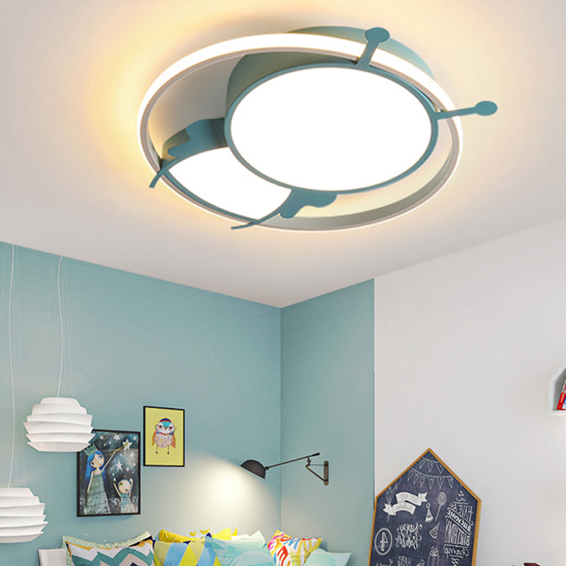 Metal Ring Flush Mount Lamp Kids LED Pink/Yellow Flush Pendant Light with Acrylic Bee Shade in Warm/White Light