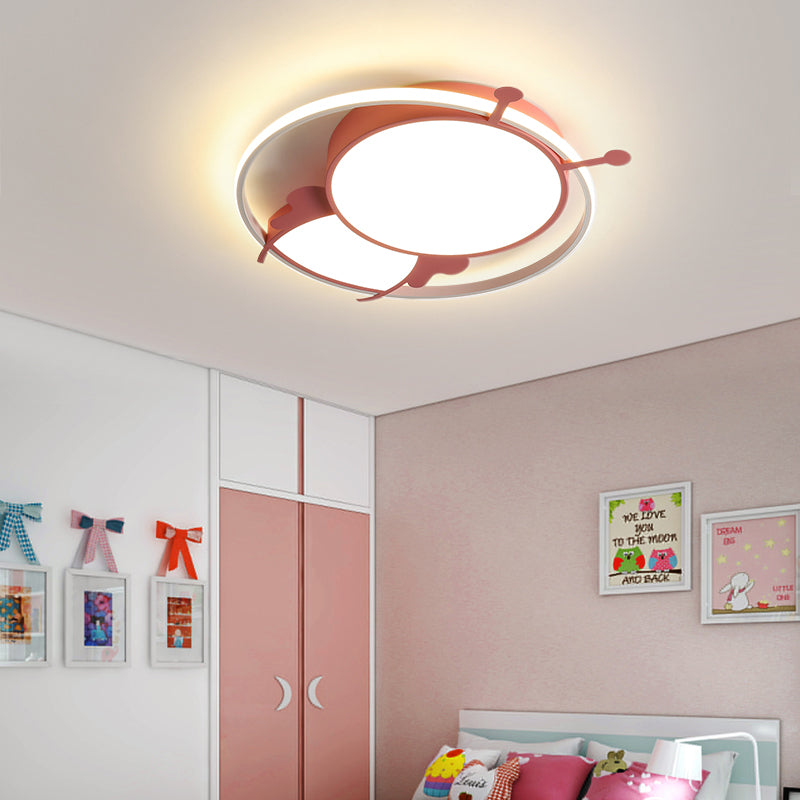 Metal Ring Flush Mount Lamp Kids LED Pink/Yellow Flush Pendant Light with Acrylic Bee Shade in Warm/White Light