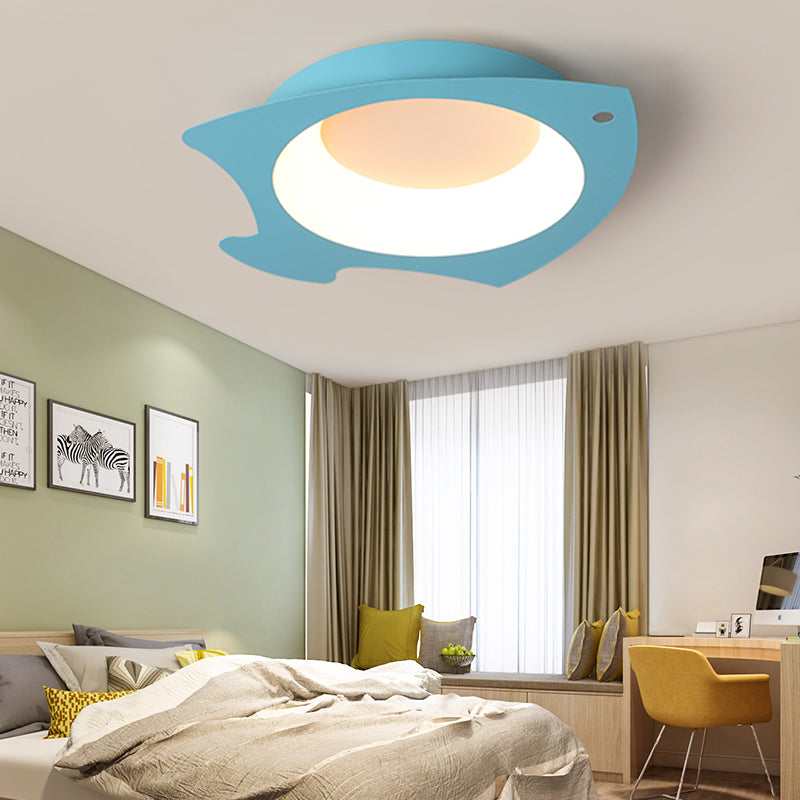 Blue Fish Shaped Flushmount Lamp Cartoon LED Silicone Ceiling Mounted Light for Children Room