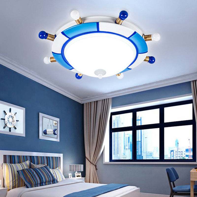 Rudder Ceiling Flush Mount Cartoon Style Resin LED Blue Flush Pendant Light with Frosted Glass Shade