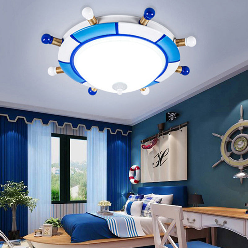 Rudder Ceiling Flush Mount Cartoon Style Resin LED Blue Flush Pendant Light with Frosted Glass Shade