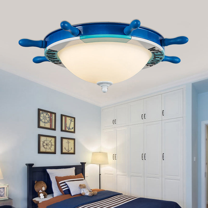 Rudder Design Bedroom Flushmount Light Wood LED Nautical Style Blue Ceiling Mount Light with Milk Glass Shade