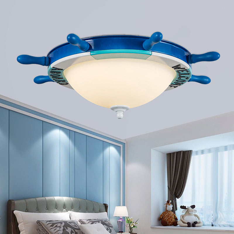 Rudder Design Bedroom Flushmount Light Wood LED Nautical Style Blue Ceiling Mount Light with Milk Glass Shade