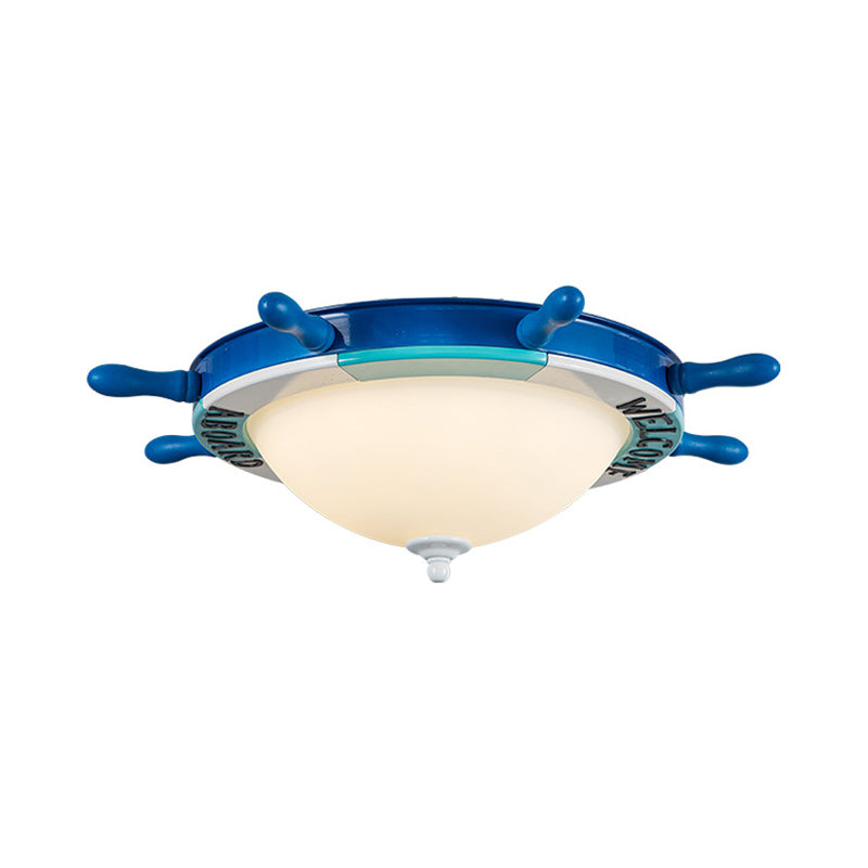 Lampada da incasso a soffitto con design a timone, in legno chiaro, in legno, a LED, in stile nautico, blu, con paralume in vetro lattimo