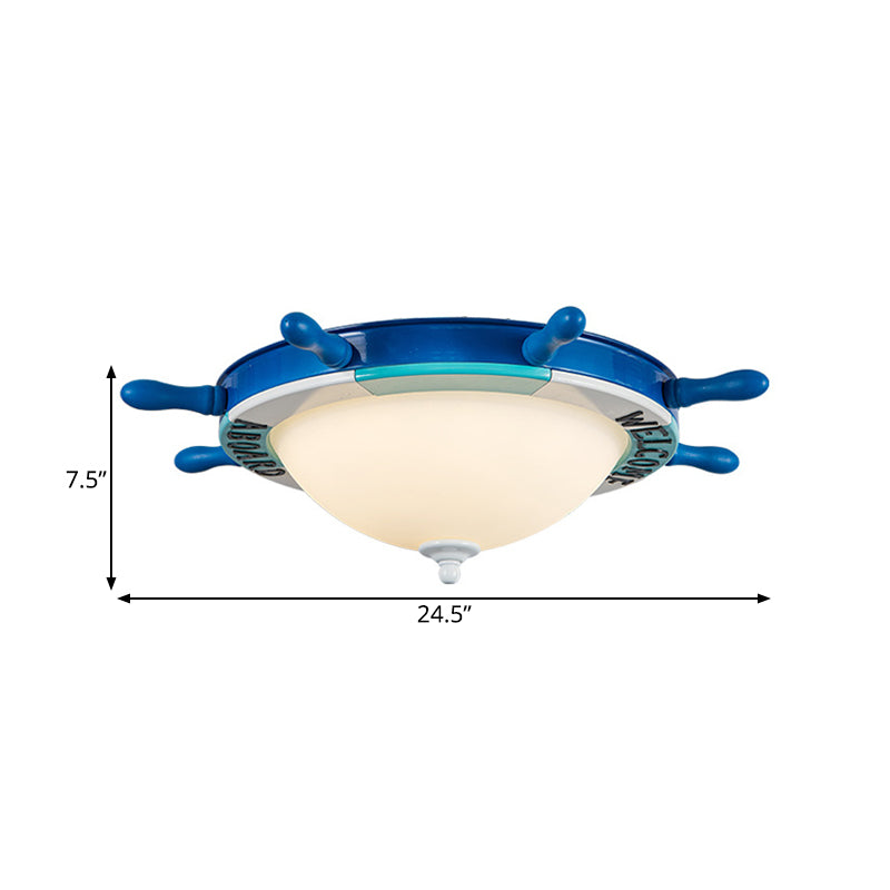 Lámpara empotrada para dormitorio con diseño de timón, luz LED de madera estilo náutico, luz de montaje en techo azul con pantalla de cristal de leche