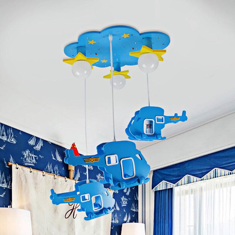 Helicopter Bedroom Ceiling Lamp Wood 3 Lights Cartoon Hanging Light Fixture with Cloud Shape Canopy in Blue