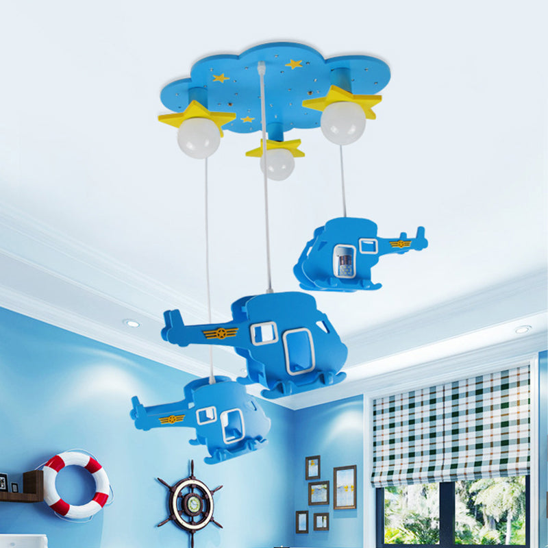 Helicopter Bedroom Ceiling Lamp Wood 3 Lights Cartoon Hanging Light Fixture with Cloud Shape Canopy in Blue