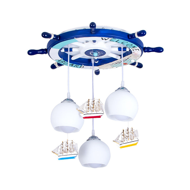 White Glass Global Hanging Lamp Kids 3 Heads Pendant Lighting with Rudder Shaped Canopy in Blue
