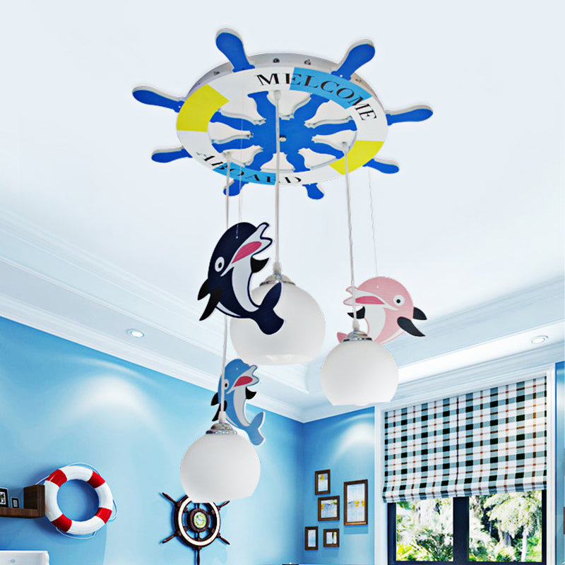 Éclairage de plafond en verre d'opale Carton 3 bulbes suspension bleu avec dauphin déco et gouvernail canopée