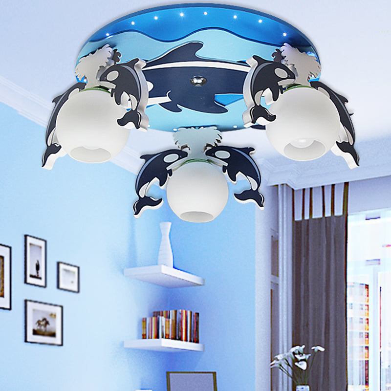 Blue Dolphin Ceiling Mount Chandelier Kids 3 Bulbs Wood Flush Pendant Light with Global Milk Glass Shade