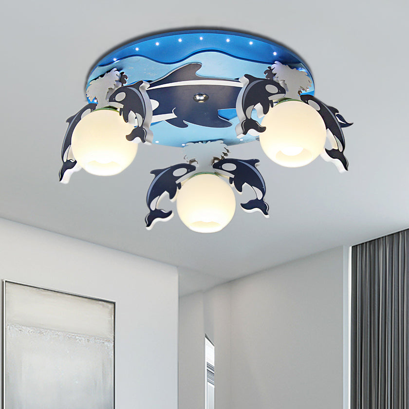 Blue Dolphin Ceiling Mount Chandelier Kids 3 Bulbs Wood Flush Pendant Light with Global Milk Glass Shade