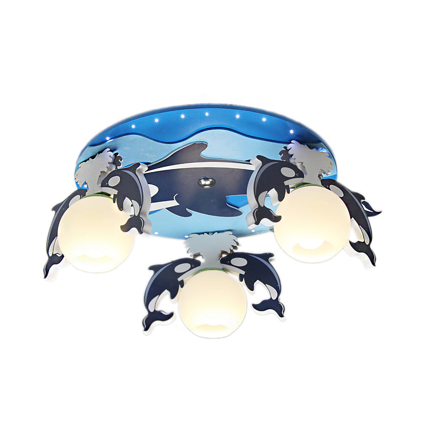 Blue Dolphin Soffitto Montaggio Chandelier Kids 3 Bulbi Wood Flush Pendant Light con Global Milk Glass Shade