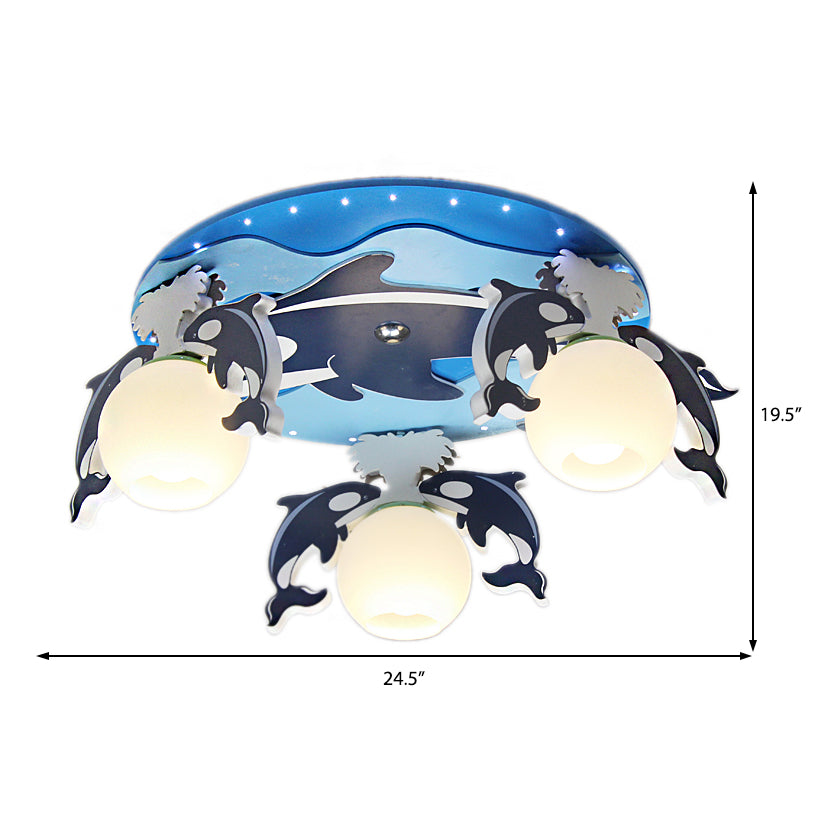 Lustre à montage au plafond Blue Dolphin pour enfants, 3 ampoules, luminaire suspendu en bois avec abat-jour en verre de lait Global