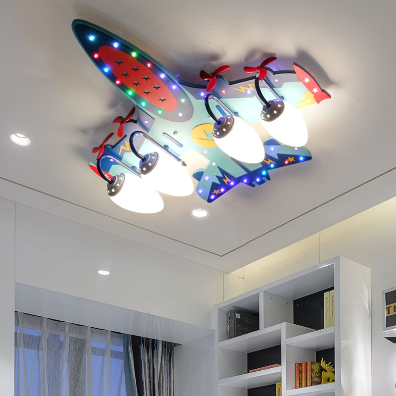 Aircraft Wood Ceiling Light Fixture Kids 4 Bulbs Blue Flush Mount Lamp with Opal Glass Teardrop Shade