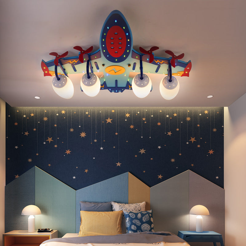 Lampada a soffitto in legno aeromobile per bambini 4 lampadina blu lampada a montaggio a filo con sfumatura di lacrima di vetro opale