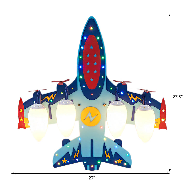 Aeronave de lámpara de lámpara de techo de madera 4 bombillas Lámpara de montaje de color azul con tono de lágrima de vidrio ópalo