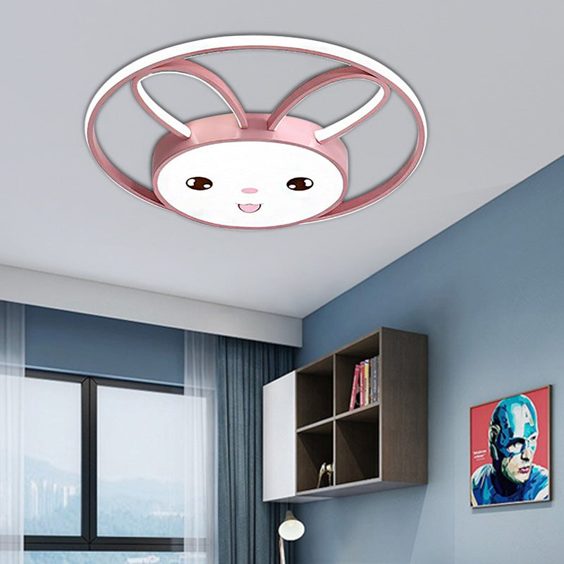 Cartoon Style Cat/Rabbit Flush Mount Lighting Metal LED Bedroom Flush Pendant Light with Acrylic Shade in Pink