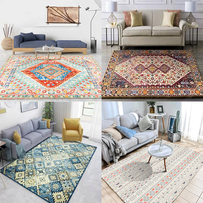 Alfombra bohemia colorida alfombra de estampado multicolor lavable sin deslizamiento alfombra resistente a manchas para sala de estar