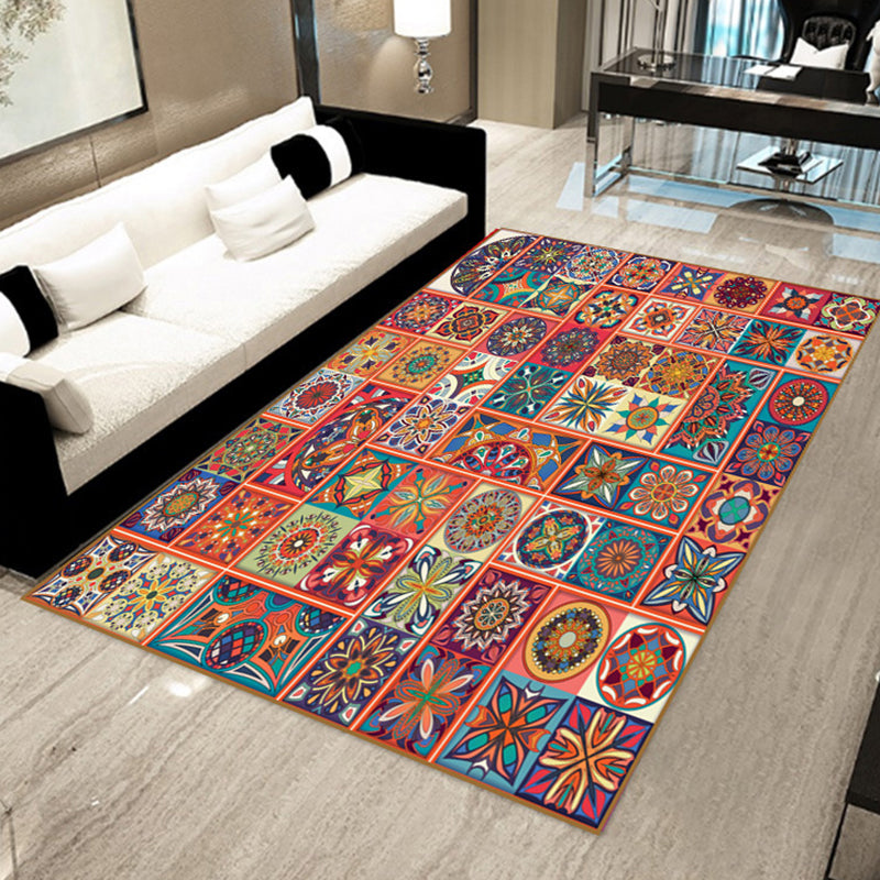 Bohemian Mosaic Tile Print Rug Multicolored Polypropylene Rug Stain Resistant Washable Non-Slip Backing Rug for Home Decoration