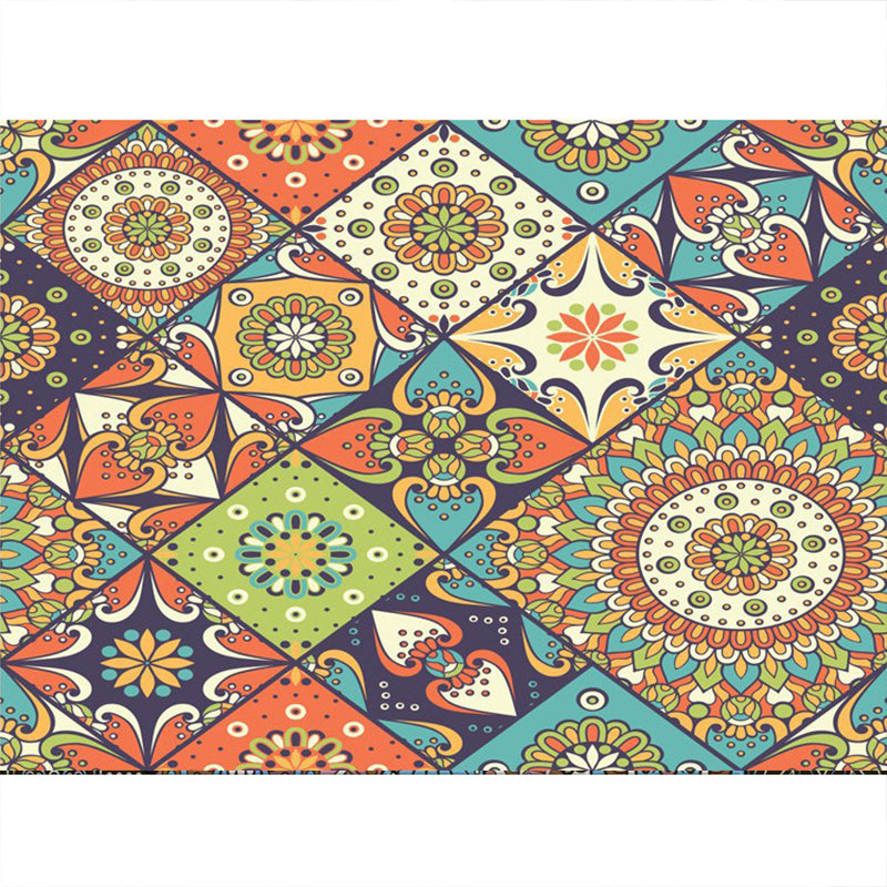 Bohemian Mosaic Tile Print Rug Multicolored Polypropylene Rug Stain Resistant Washable Non-Slip Backing Rug for Home Decoration