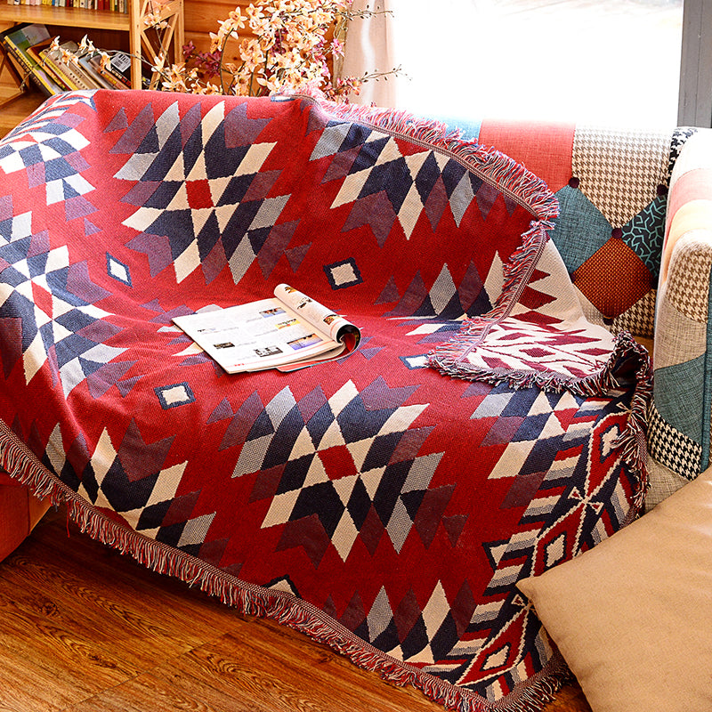 Tapis de salon rouge Boho Rhombus Tapis à motif en coton Tapis pour animaux de compagnie avec franges à glands