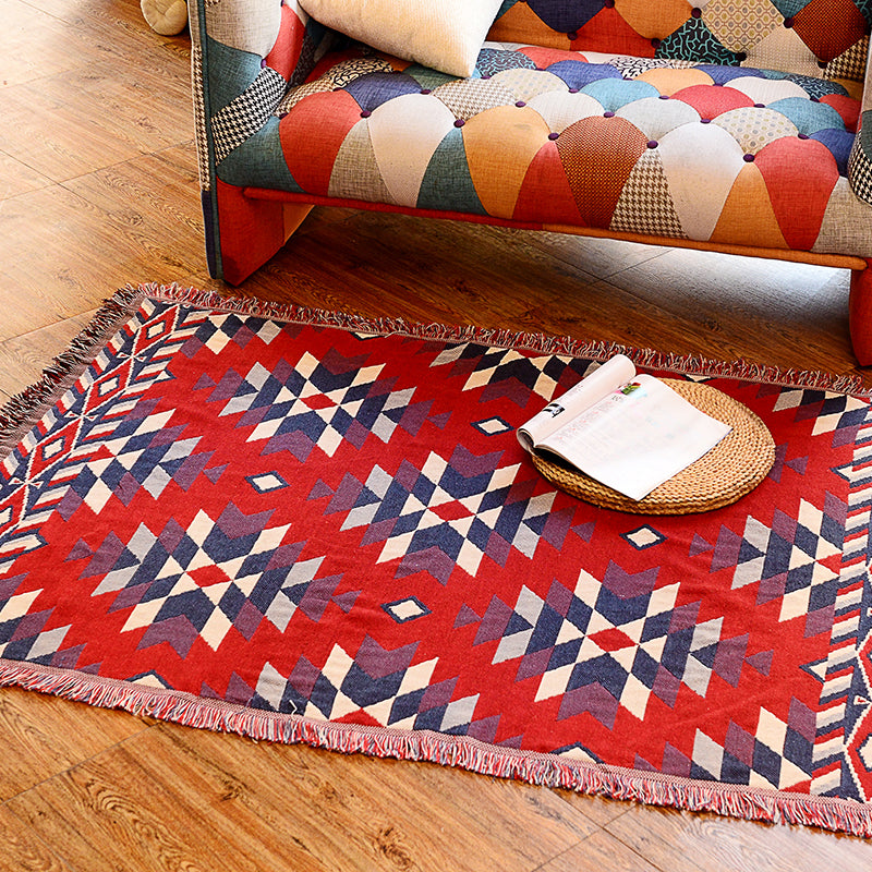 Red Living Room Area Rug Boho Rhombus Patterned Carpet Cotton Pet-Friendly Rug with Tassel Fringe