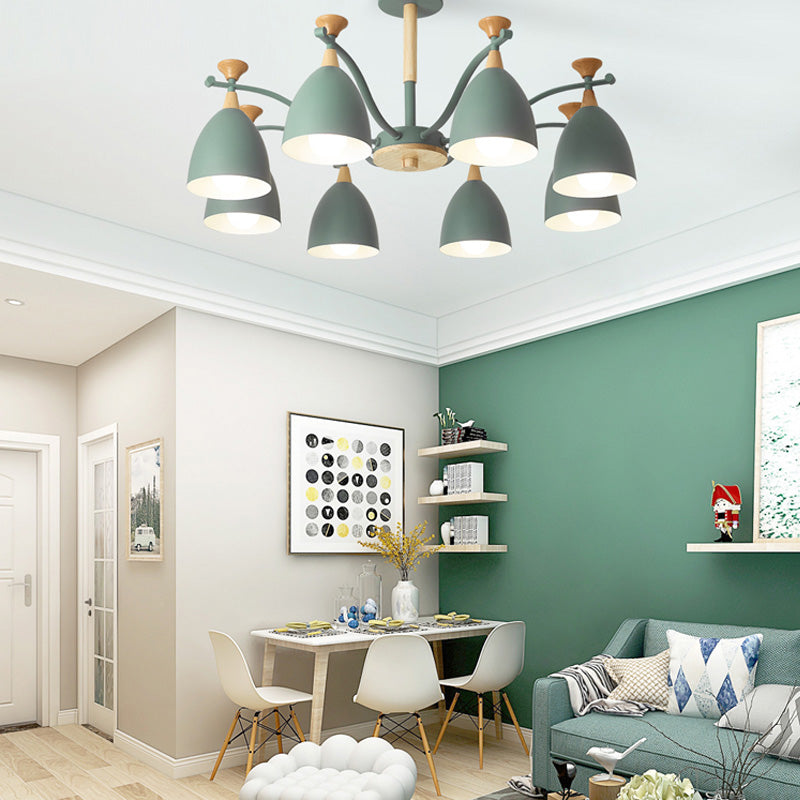 Contemporary Cone Chandelier Pendant Light Metal 3/6/8 Lights Hanging Ceiling Light in Grey/White/Green for Bedroom