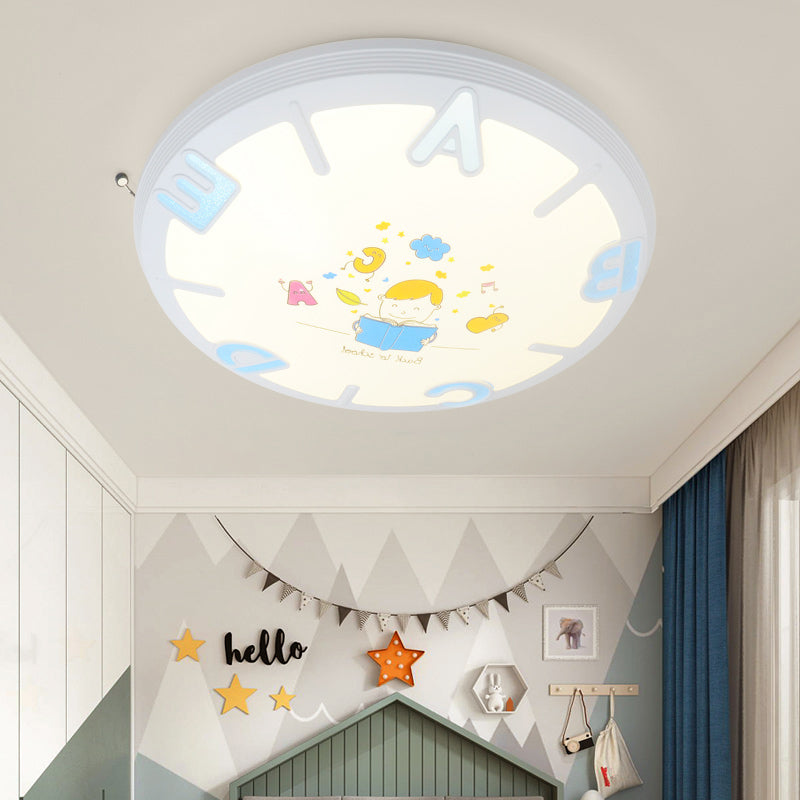 Kids Round Shade Flush Ceiling Light Plastic LED Bedroom Flush Pendant Ceiling Light with Letter Pattern in Blue/Pink