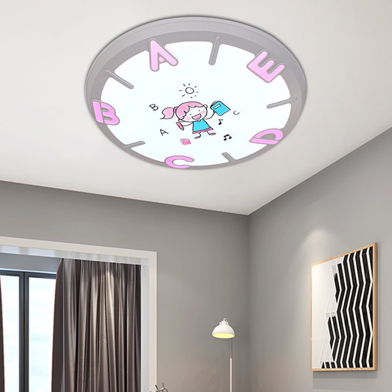 Lámpara de techo empotrada de sombra redonda para niños, lámpara de techo colgante empotrada LED de plástico para dormitorio con patrón de letras en azul/rosa