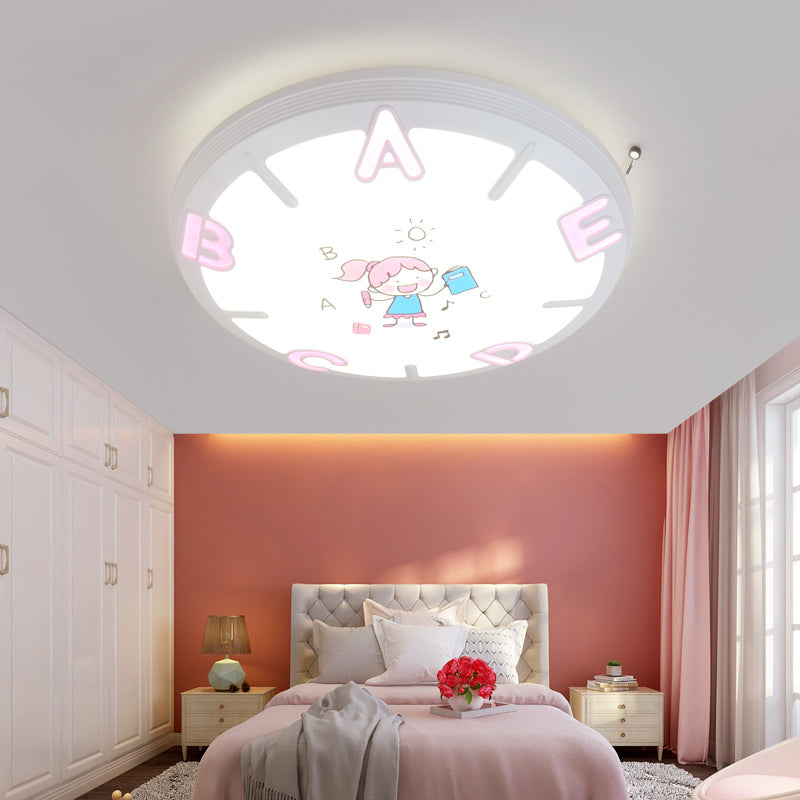 Kids Round Shade Flush Ceiling Light Plastic LED Bedroom Flush Pendant Ceiling Light with Letter Pattern in Blue/Pink