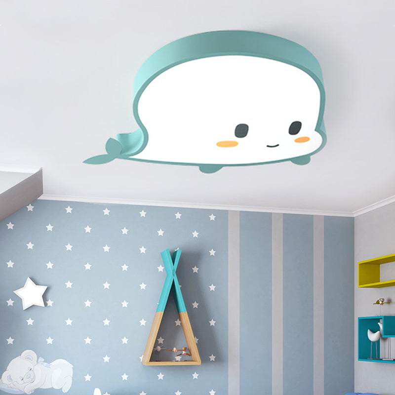 Whale Child Bedroom Flush Pendant Light Acrylic and Metal LED Cartoon Style Flush Mount Lamp in Blue/Pink